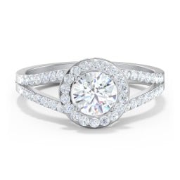 Diamond Halo Engagement Ring with Split Shank and Accents