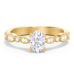 Vintage Diamond Ring with Milgrain Leaves and Accents in 10K Solid Yellow Gold