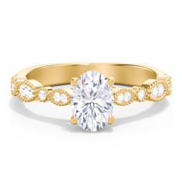 Vintage Diamond Ring with Milgrain Leaves and Accents in 10K Solid Yellow Gold