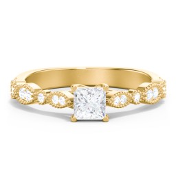 Vintage Diamond Ring with Milgrain Leaves and Accents in 10K Solid Yellow Gold