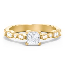 Vintage Diamond Ring with Milgrain Leaves and Accents in 10K Solid Yellow Gold