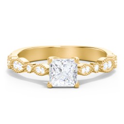 Vintage Diamond Ring with Milgrain Leaves and Accents in 10K Solid Yellow Gold