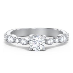 Vintage Diamond Ring with Milgrain Leaves and Accents