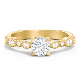 Vintage Diamond Ring with Milgrain Leaves and Accents in 10K Solid Yellow Gold