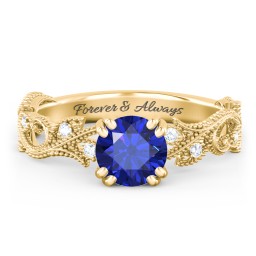 Vintage Leaf and Vine Solitaire Engagement Ring with Milgrain in 10K Solid Yellow Gold with 09BSAP-RD-1.00 and Lab Diamond