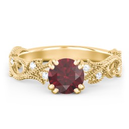 Vintage Leaf and Vine Solitaire Engagement Ring with Milgrain in 10K Solid Yellow Gold with 07RUBY-RD-1.00 and Lab Diamond