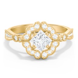 Vintage Solitaire Engagement Ring with Scalloped Halo and Leaf Band in 10K Solid Yellow Gold
