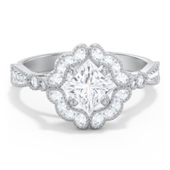 Vintage Solitaire Engagement Ring with Scalloped Halo and Leaf Band