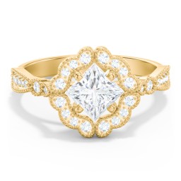 Vintage Solitaire Engagement Ring with Scalloped Halo and Leaf Band in 10K Solid Yellow Gold