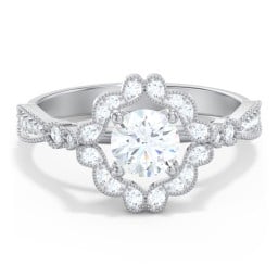 Vintage Solitaire Engagement Ring with Scalloped Halo and Leaf Band