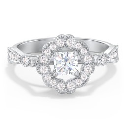 Vintage Solitaire Engagement Ring with Scalloped Halo and Leaf Band