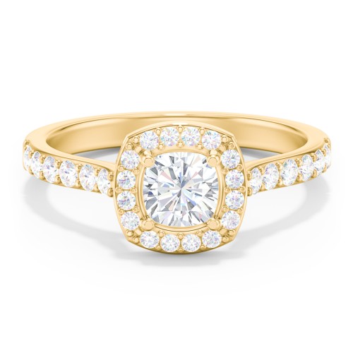 Diamond Solitaire Engagement Ring with Cushion Halo and Accents – 10K Yellow Gold with Diamond