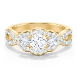 Halo 3-Stone Diamond Engagement Ring with Accented Twisted Band in 10K Solid Yellow Gold