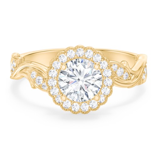 Leaf & Vine Halo Solitaire Engagement Ring – 10K Yellow Gold with Diamond