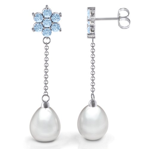 Freshwater Pearl Drop Earrings with Floral Detail – Sterling Silver with Aquamarine