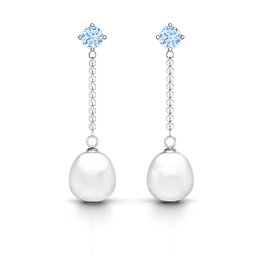 Elegant Solitaire Stud Freshwater Pearl Drop Earrings in 925 Sterling Silver with Aquamarine
