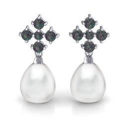 Freshwater Pearl Drop Earrings with Accents in 925 Sterling Silver with Alexandrite
