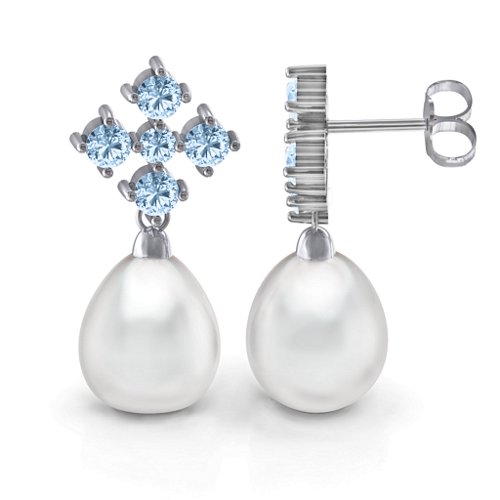 Freshwater Pearl Drop Earrings with Accents – Sterling Silver with Aquamarine