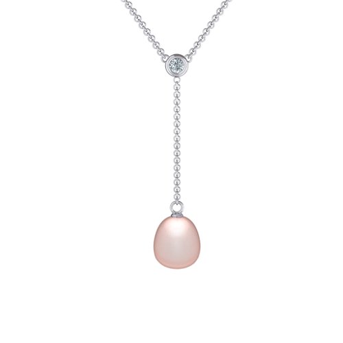 Freshwater Pearl Drop Pendant with Round Bezel Set Stone – Sterling Silver with Cubic Zirconia