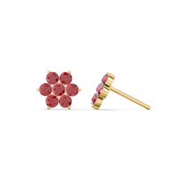 Flower Stud Earrings with Gemstones in 10K Solid Yellow Gold with Garnet