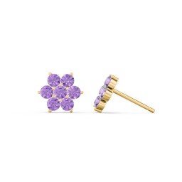 Flower Stud Earrings with Gemstones in 10K Solid Yellow Gold with Amethyst