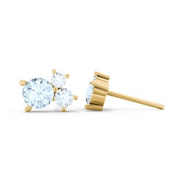 3-Stone Cluster Stud Earrings in 10K Solid Yellow Gold with Aquamarine