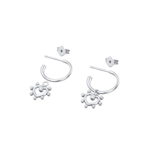 Small Open Hoop Earrings with Beaded Open Heart Charm and Accents – Sterling Silver with Aquamarine