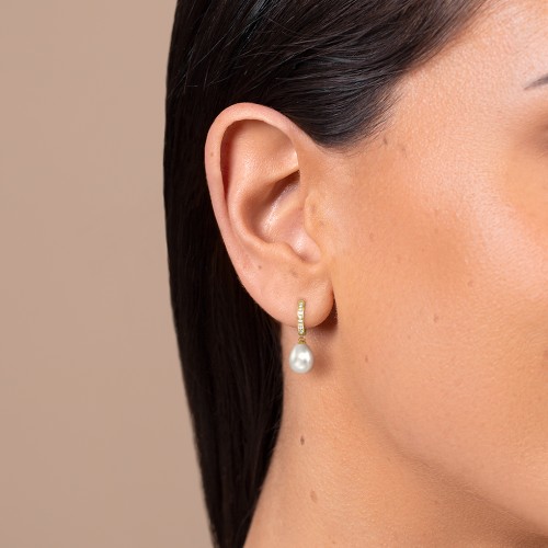 Freshwater Pearl Drop Huggie Earrings with Accents