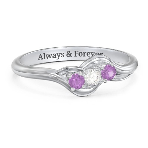 Three Stone Wave Ring – Sterling Silver with Amethyst and Cubic Zirconia