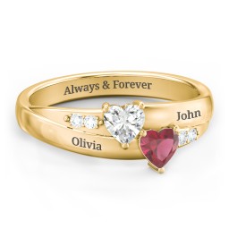 Double Heart Gemstone Ring with Accents in 10K Solid Yellow Gold