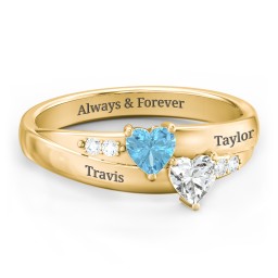 Double Heart Gemstone Ring with Accents in 10K Solid Yellow Gold