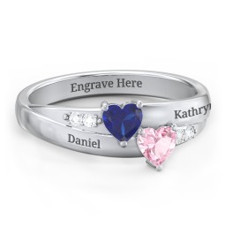 Double Heart Gemstone Ring with Accents in 925 Sterling Silver with Blue Sapphire and Pink Tourmaline