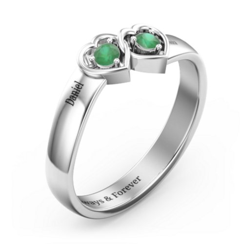 Double Interlocked Hearts Ring – Sterling Silver with Emerald