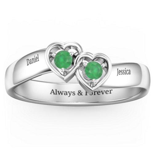 Double Interlocked Hearts Ring – Sterling Silver with Emerald