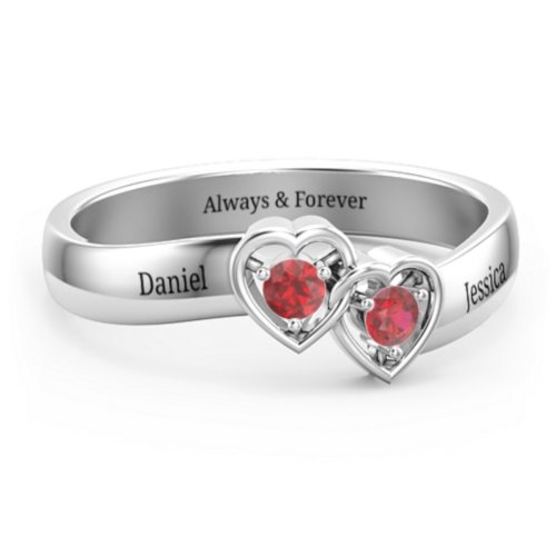 Double Interlocked Hearts Ring – Sterling Silver with Garnet