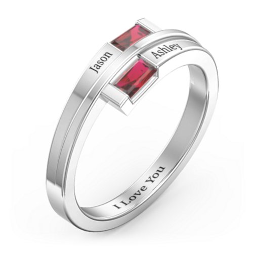Double Baguette Bypass Ring – Sterling Silver with Garnet