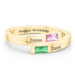 Double Baguette Bypass Ring in 10K Solid Yellow Gold with Pink Tourmaline and Emerald