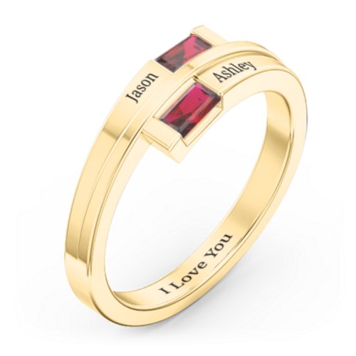 Double Baguette Bypass Ring – 10K Yellow Gold with Garnet