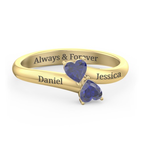 Inverted Twin Heart Ring – 18K Gold Plated Silver with Blue Sapphire
