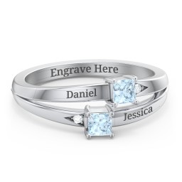 Two Stone Split Band Ring with Accents in 925 Sterling Silver with Aquamarine