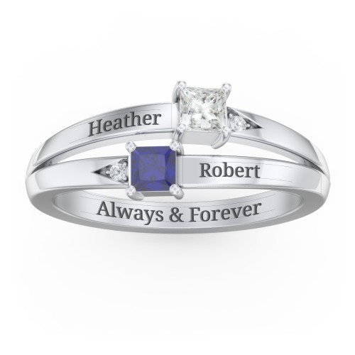 Two Stone Split Band Ring with Accents – Sterling Silver with Cubic Zirconia and Blue Sapphire
