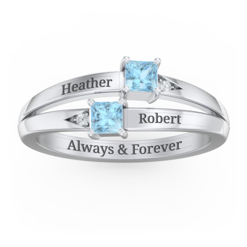 Two Stone Split Band Ring with Accents – Sterling Silver with Blue Topaz and Cubic Zirconia