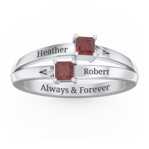 Two Stone Split Band Ring with Accents – Sterling Silver with Garnet and Cubic Zirconia
