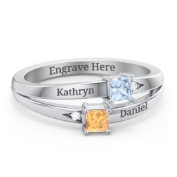 Two Stone Split Band Ring with Accents in 10K Solid White Gold with Aquamarine and Citrine