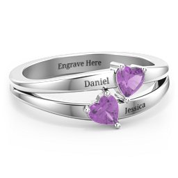 Twin Hearts Ring in 925 Sterling Silver with Amethyst