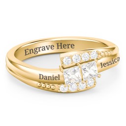 Engravable Bypass Ring with Princess Cut Gemstones and Accents in 10K Solid Yellow Gold