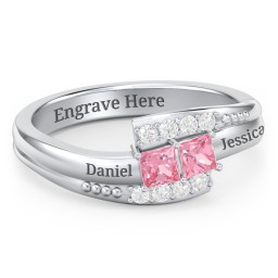 Engravable Bypass Ring with Princess Cut Gemstones and Accents in 925 Sterling Silver with Pink Tourmaline and White Premium Zirconia