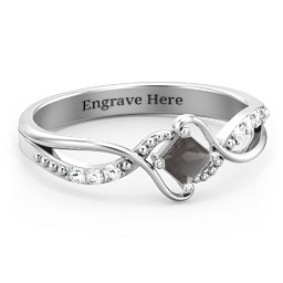 Solitaire Princess Cut Ring with Twisted Split Shank and Accents in 925 Sterling Silver with Smokey Quartz