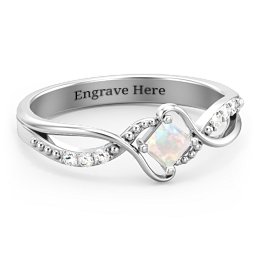 Solitaire Princess Cut Ring with Twisted Split Shank and Accents in 925 Sterling Silver with Opal and Diamond
