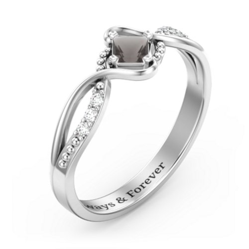 Solitaire Princess Cut Ring with Twisted Split Shank and Accents – Sterling Silver with Smokey Quartz and Cubic Zirconia